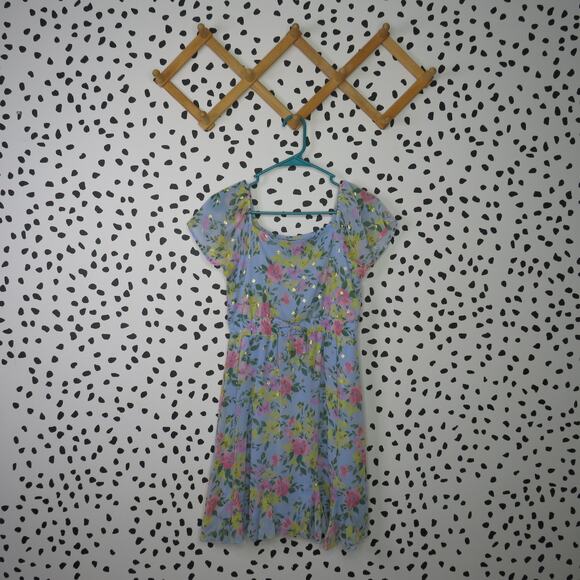 Trixxi Girl Blue Floral Print Chiffon Flutter Sleeve Girls Spring Dress - Picture 1 of 7